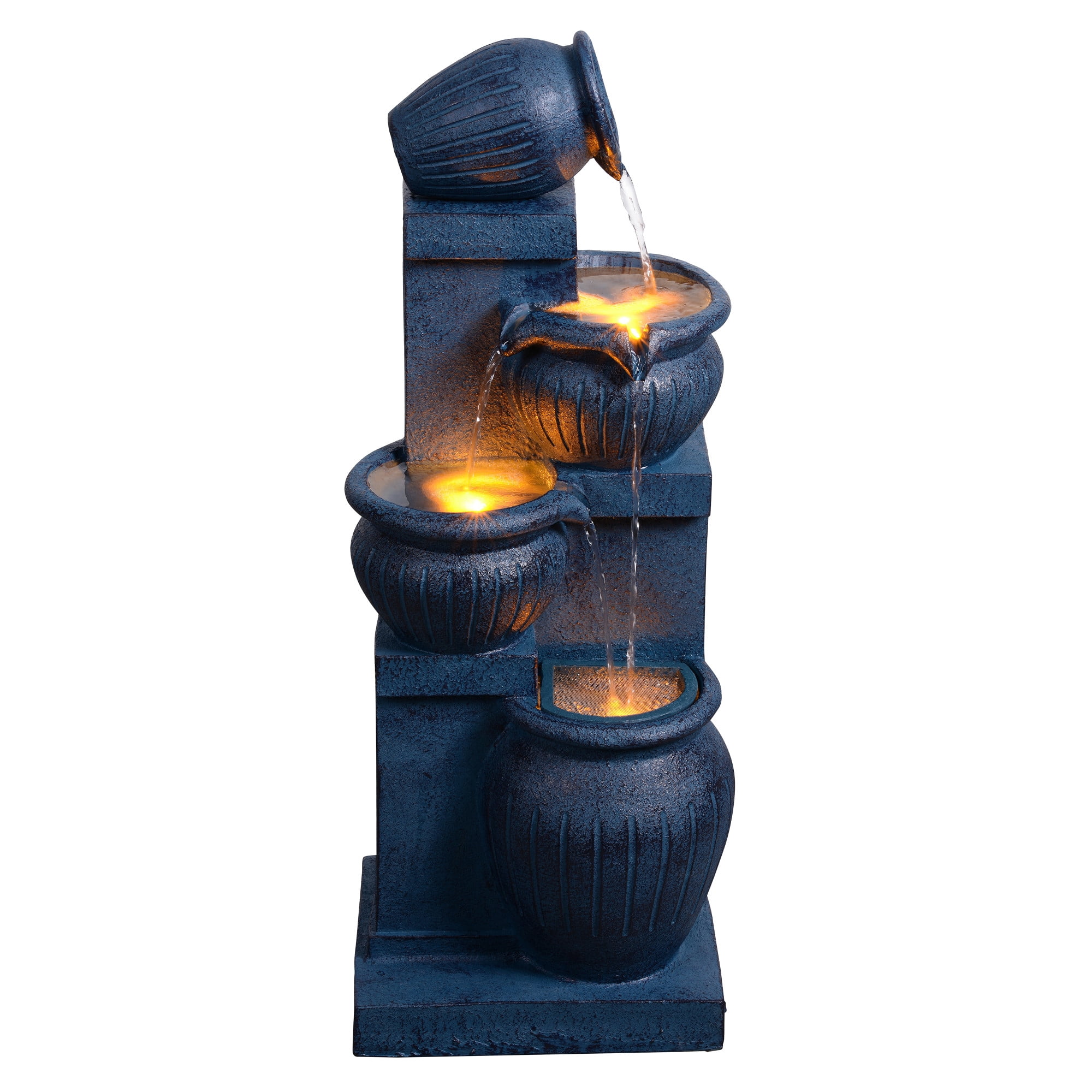 Teamson Home Outdoor 4-Tier Cascading Bowl Water Fountain with LED Lights, Solar-Powered & Adjustable Flow Rate, Navy