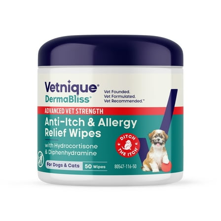 Vetnique DermaBliss Vet Strength Anti-Itch Allergy Relief Wipes for Dogs and Cats, 50 count