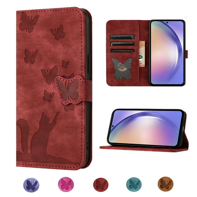 Compatible with iPhone 14 Embossed Butterfly Cat Wallet Case with Card Slots Kickstand Cover