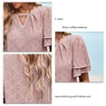 thumbnail image 5 of Women V Neck Top Ruffled Sleeves Hollow Out Lace Stitching Loose Type Casual T Shirt for Summer Pink L, 5 of 6