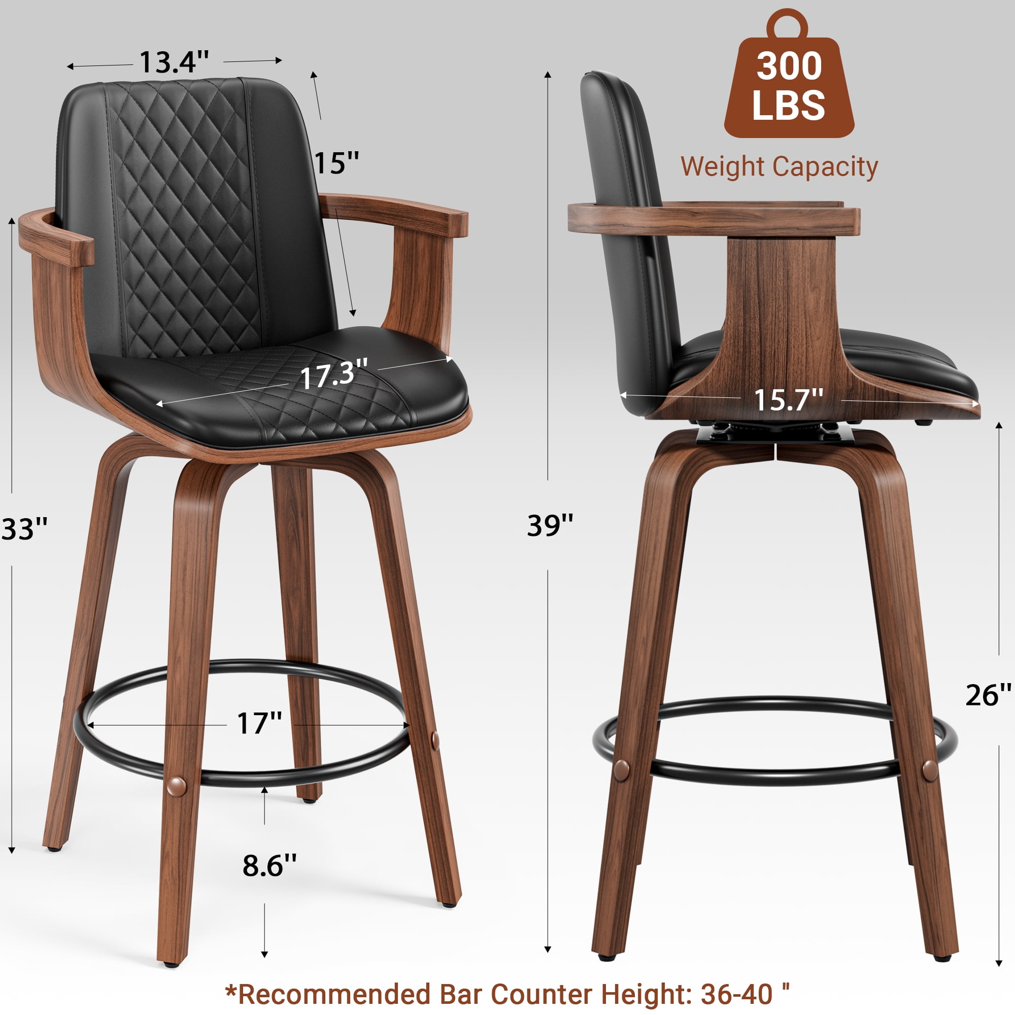 LainTene Bar Stools Set of 3, 26" Bentwood Barstools with Arms High Back, Mid-Century Modern Counter Height Swivel Bar Chairs for Kitchen Island