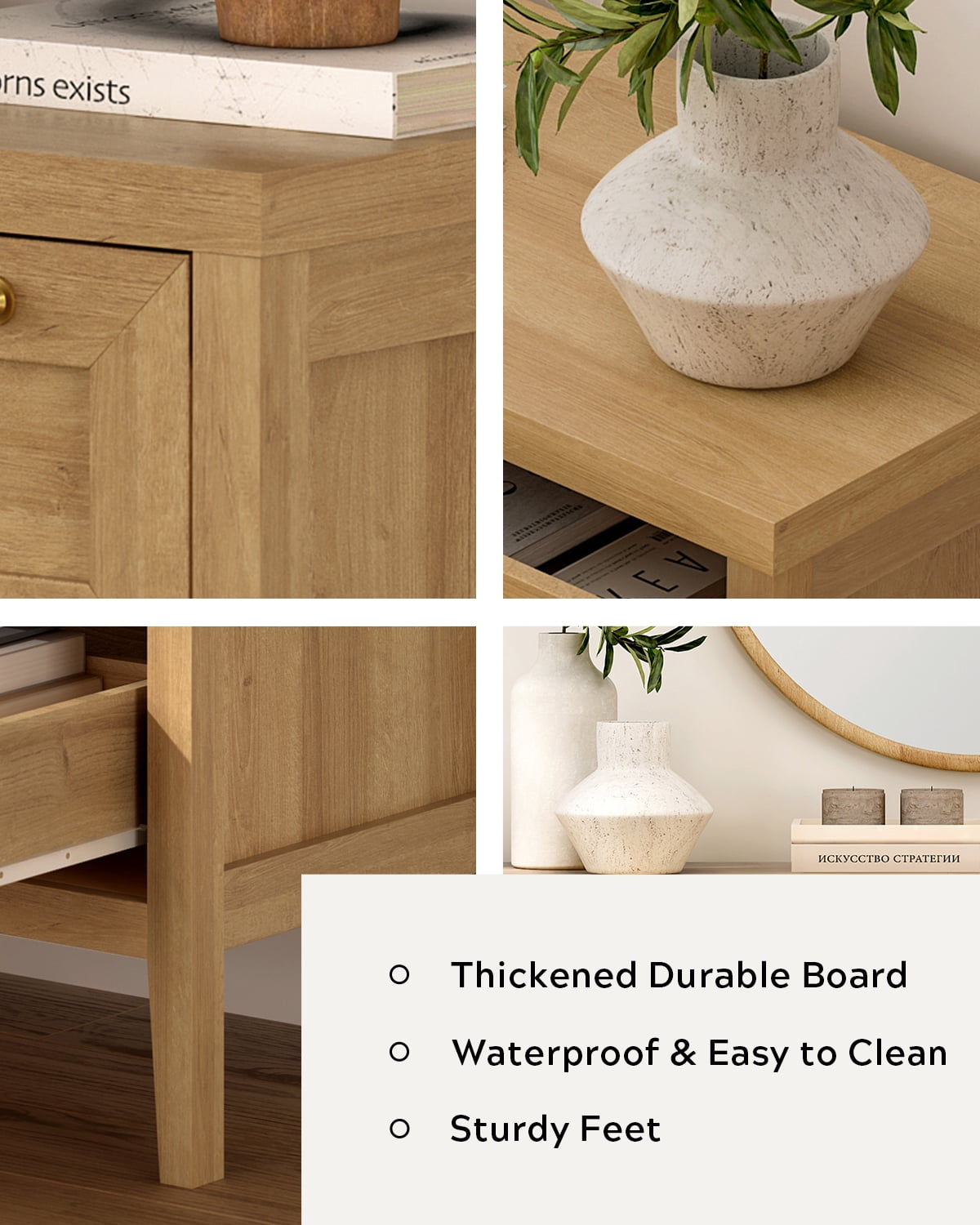 Joyyskill 3 Drawer Dresser, Modern Chest of Drawers Storage Cabinet with Golden Handles, Wood Nightstand End Table, Natural Oak