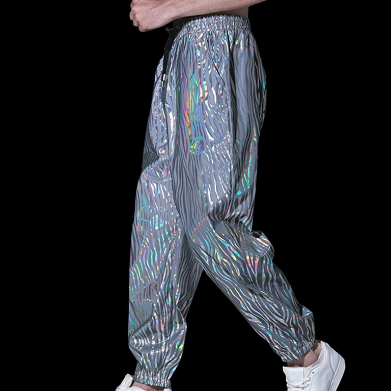 XFLWAM Reflective Pants Men Hip Hop Dance Fluorescent Trousers