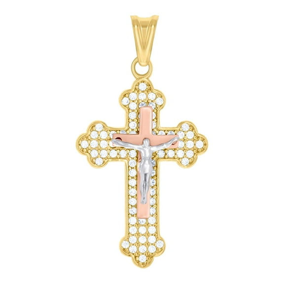 10k Tri-color Gold Womens Cubic Zirconia Crucifix Cross Religious Charm Pendant Necklace 40x16.7mm Wide Pendant for Wome
