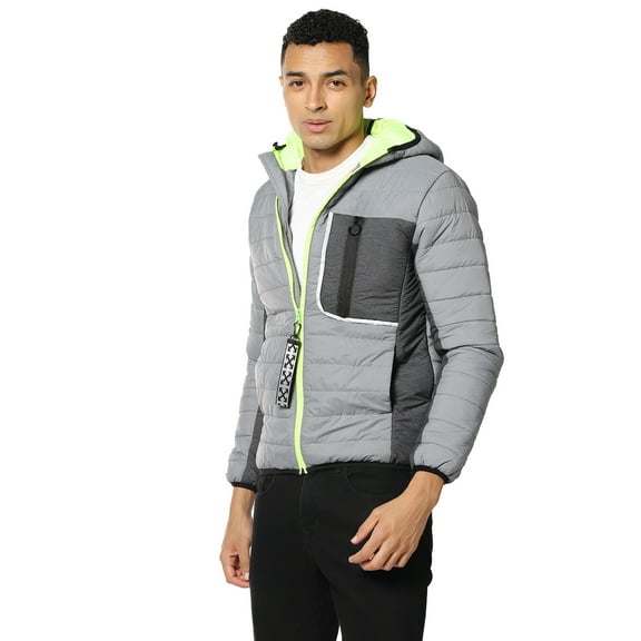 Campus Sutra Men Grey Solid Windcheater Padded Jacket with Pocket Detail
