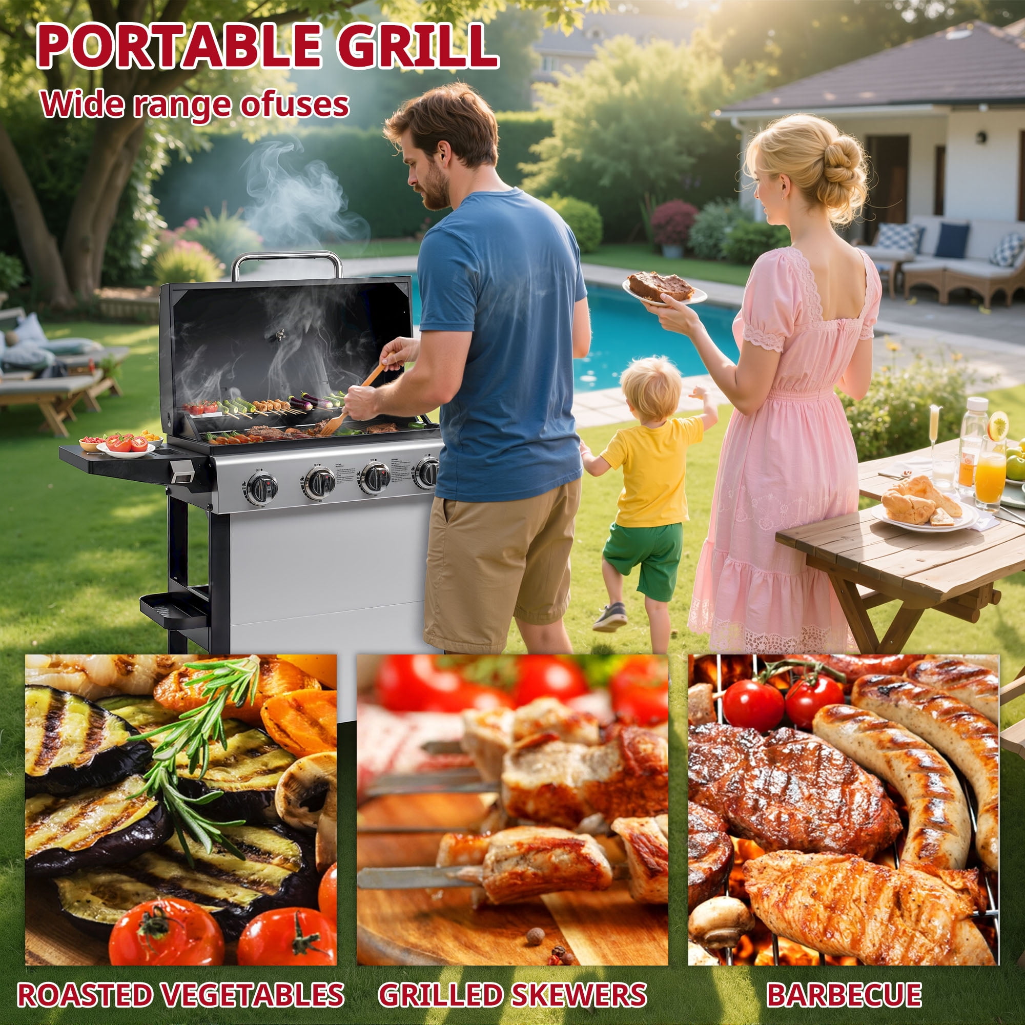 Enyopro Gas Grill, 4-Burner Propane Gas Grill, 40,00BTU Stainless Steel BBQ Grill With  Foldable Side Table, Hanging Basket, for Outdoor Camping Barbecue