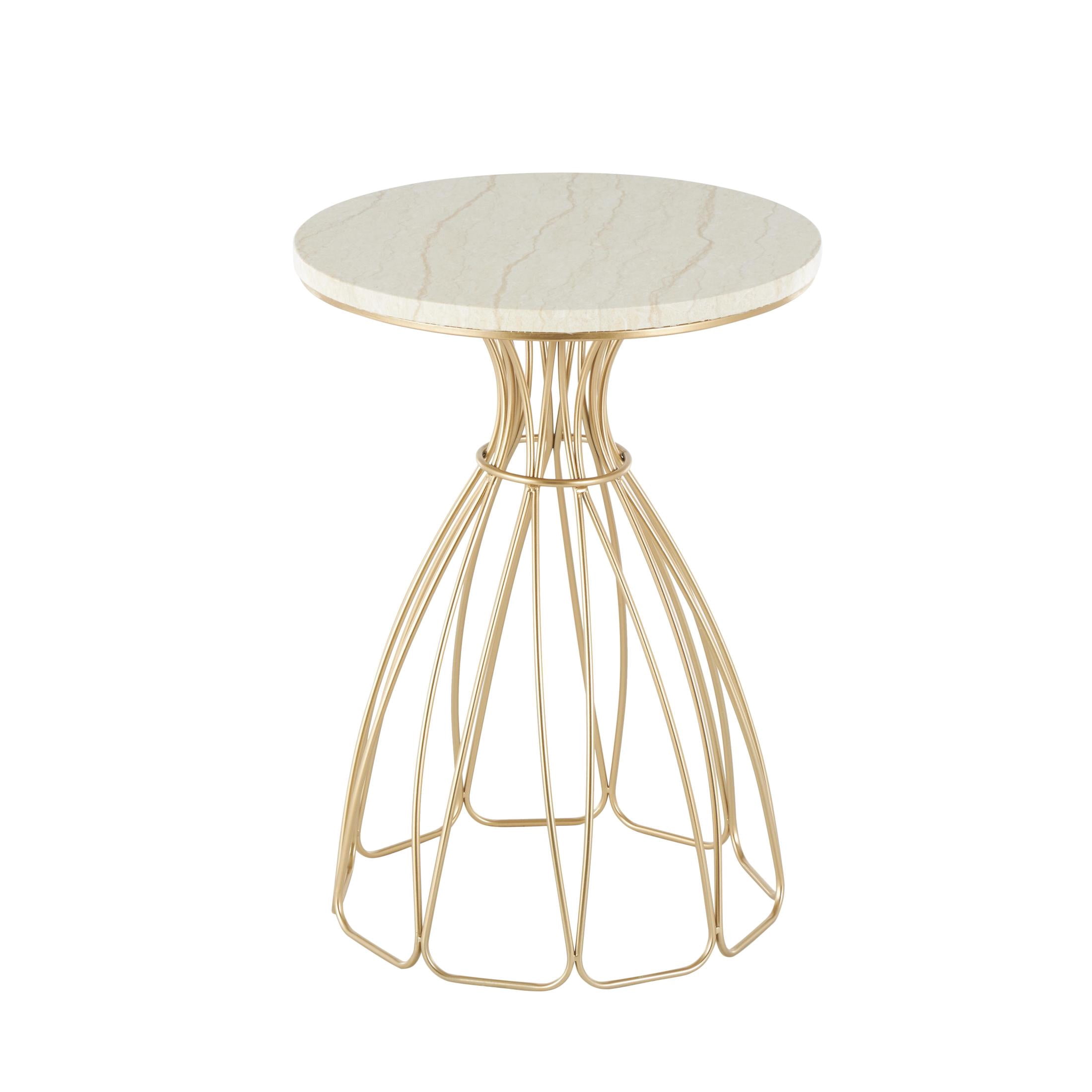 DecMode 16" x 22" Gold Metal Flower Inspired Accent Table with Cream Marble Tabletop, 1-Piece