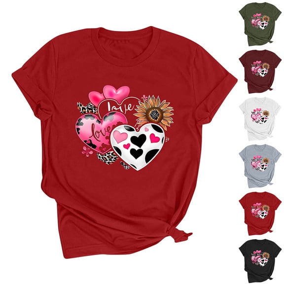 Yotami Women's Plus Size Valentine's Love T-Shirt Crew Neck Summer Summer Casual Top Short Sleeve Heart Pattern Gift for Her