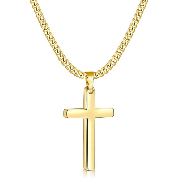 Gold Plated Cross Necklace for Men and Women, Mens Cross Necklaces with 3.5mm Cuban Chain, Stainless Steel Pendant Chain 16-24 Inches