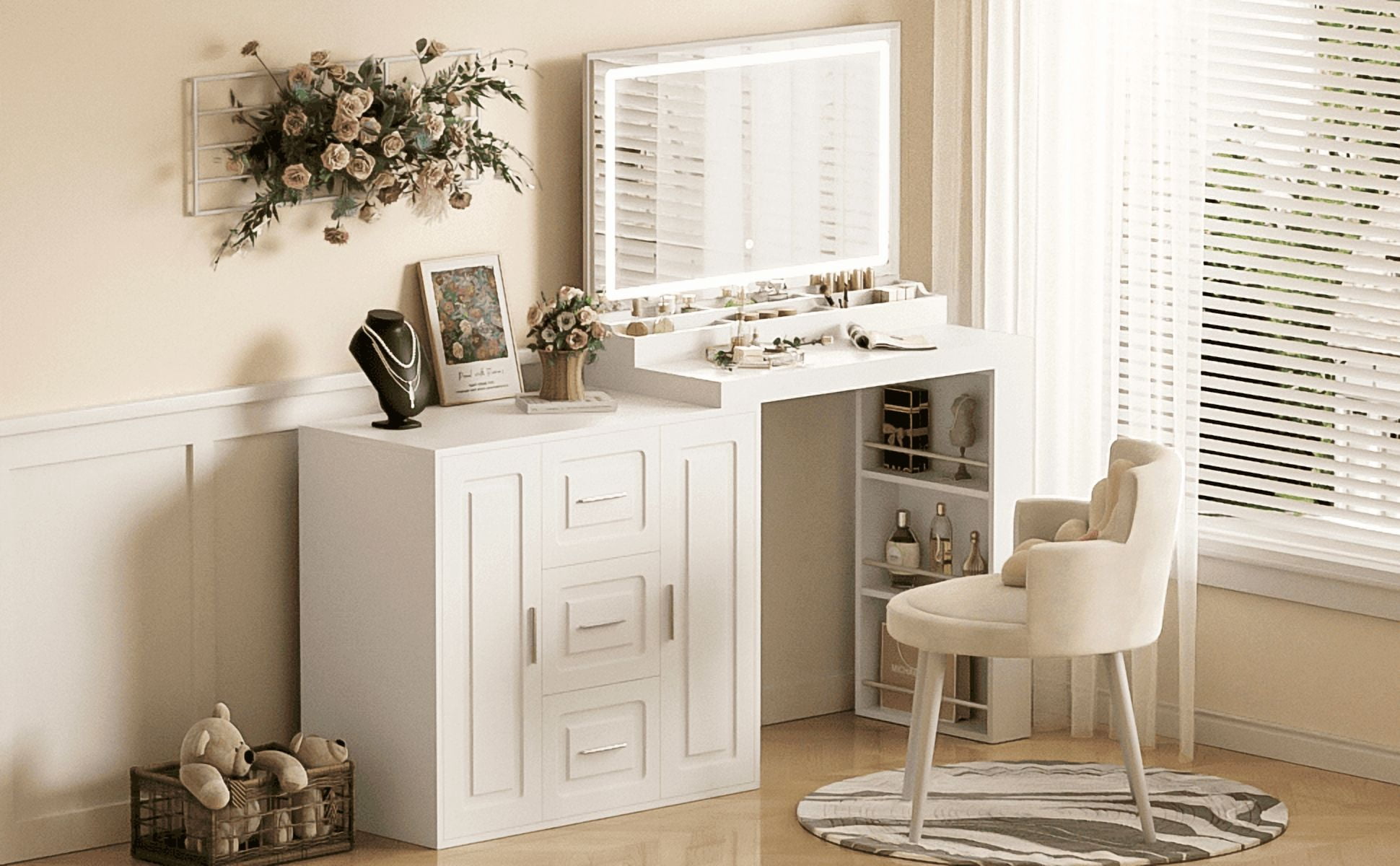 59" Makeup Vanity Desk with Mirror, Vanity Mirror with Lights, Dressing Table with 3 Drawers and 2 Cabinets, Vanity Table with Storage Shelves for Bedroom, White