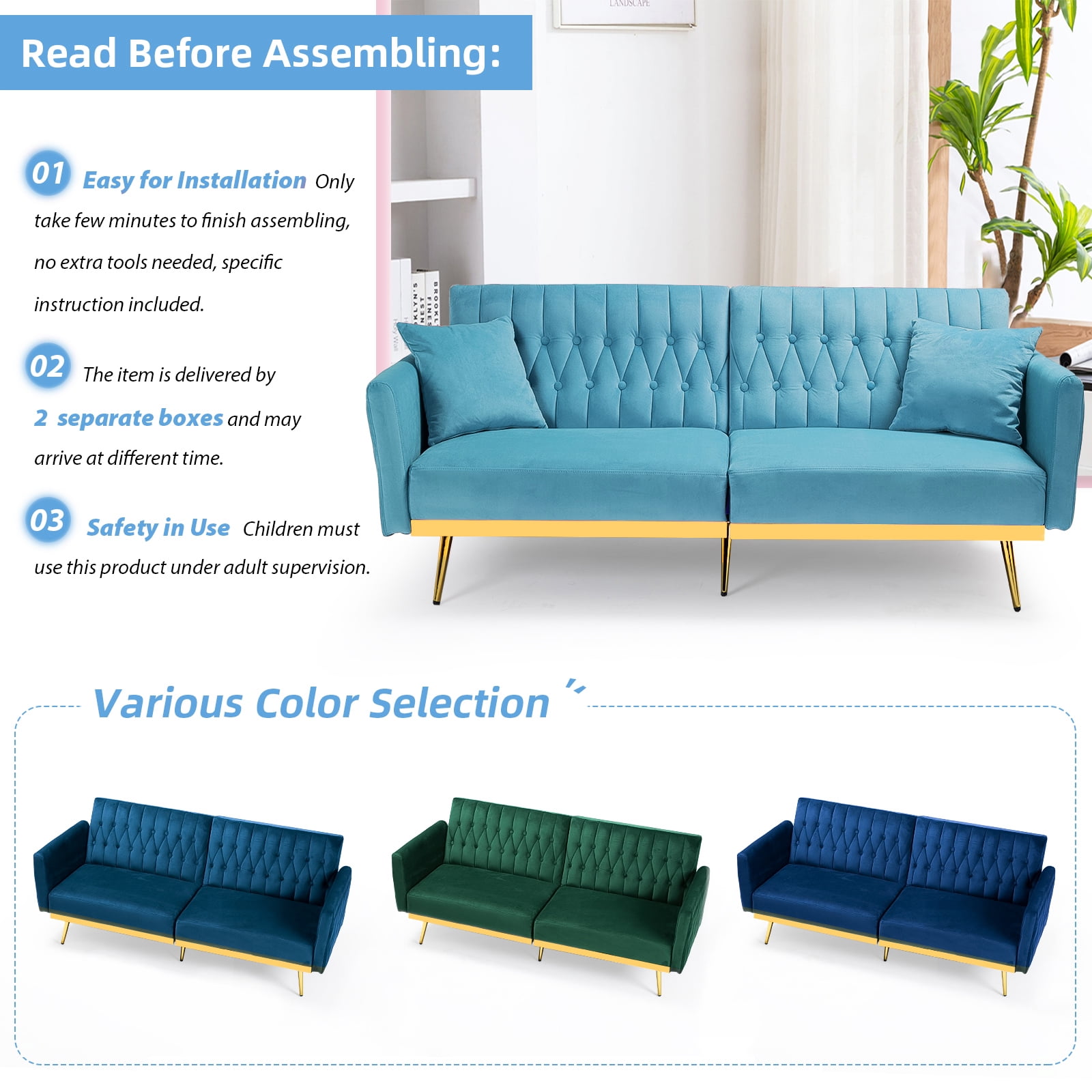 ACMEASE 70” Velvet Futon Sofa Bed with Adjustable Armrests and 2 Pillows, Convertible Futon Couch, Ginger