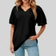 thumbnail image 2 of Camiseta holgada de manga corta y cuello en V para mujer: diseño con mangas abullonadas, cómoda mezcla de poliéster y spandex para uso informal, 2 of 8