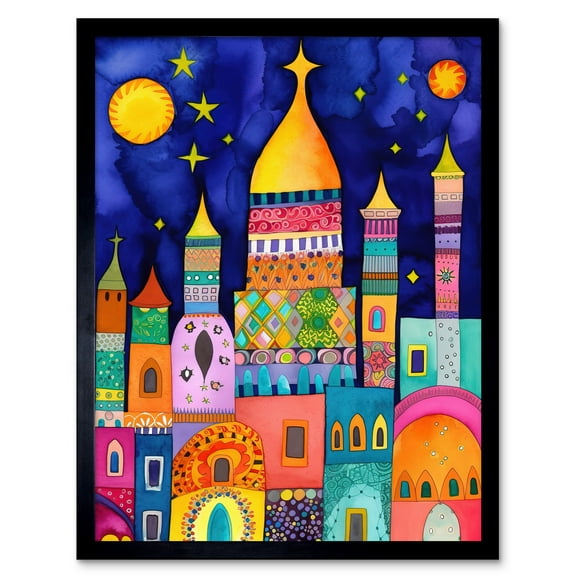 Islamic Cityscape Moonlight Mosque Folk Art Art Print Framed Poster Wall Decor 12x16 inch