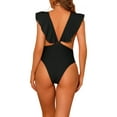 thumbnail image 3 of INSPIRE CHIC Women's One Piece V Neck Ruffled Swimwear Monokini Tummy Control Bathing Suit Black M, 3 of 5