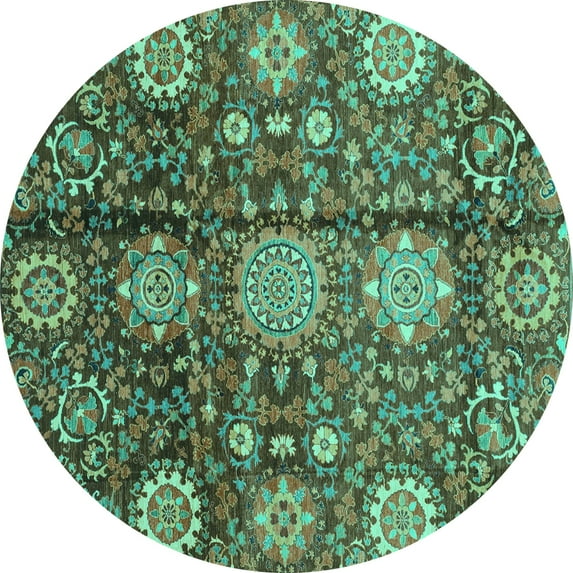 Ahgly Company Machine Washable Indoor Round Abstract Turquoise Blue Modern Area Rugs, 5' Round