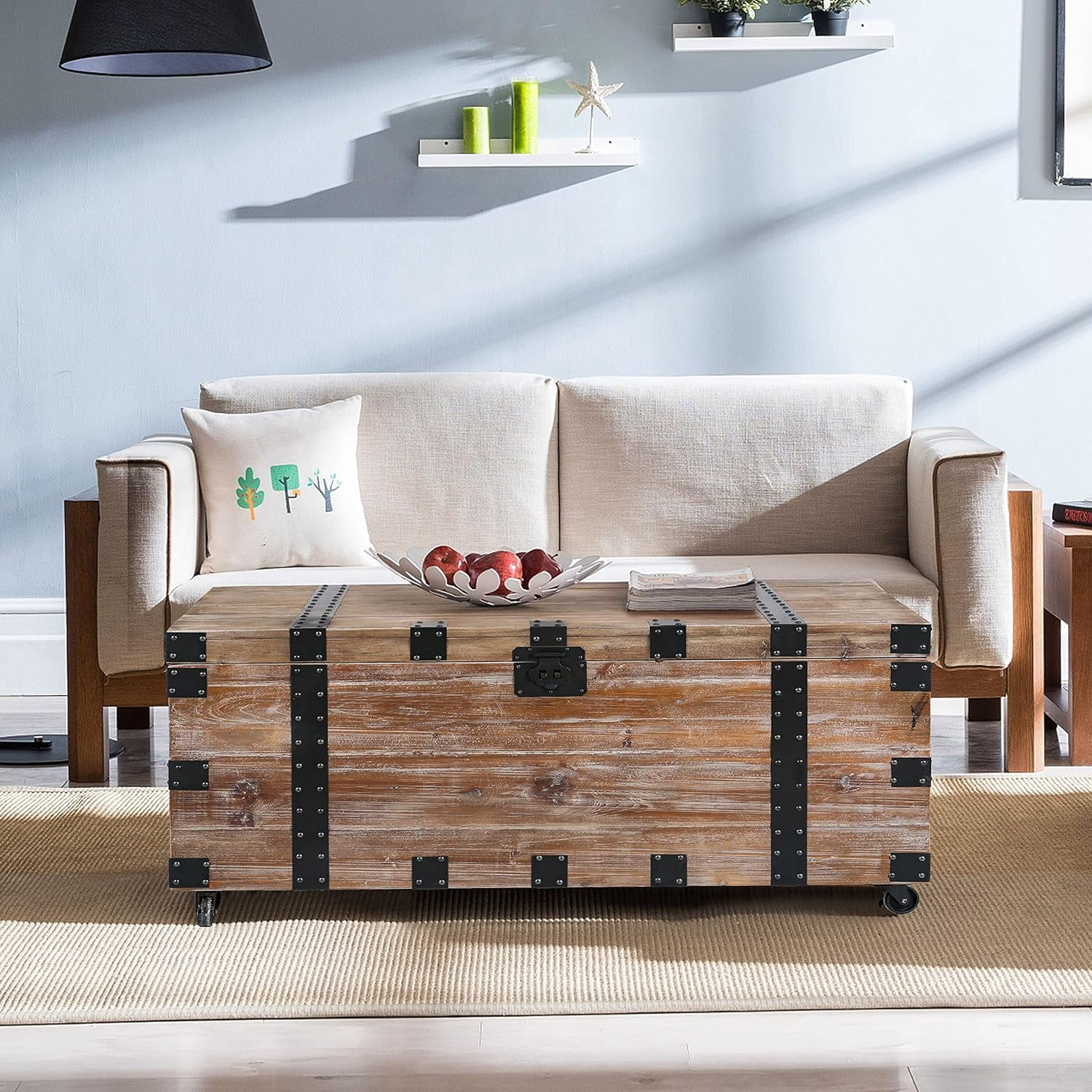 Coffee Table Set, Vintage Wood Storage Trunk Coffee Table with Two End Side Table