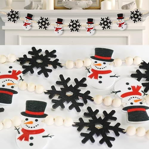 Winter Christmas Felt Garland - 6Ft Snowman & Black Snowflake with Wood Beads - Winter Holiday Christmas Decorations Indoor for Mantle, Wall$$Home Decor, Kitchen, & Other