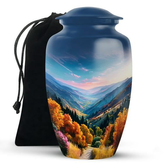 KARYLIZ Mountain Funeral Cremation Urns For Women - Large Blue Urns For Human Ashes Adult - Sunset Funeral Urn For Man - Decorative Urn For Male & Female