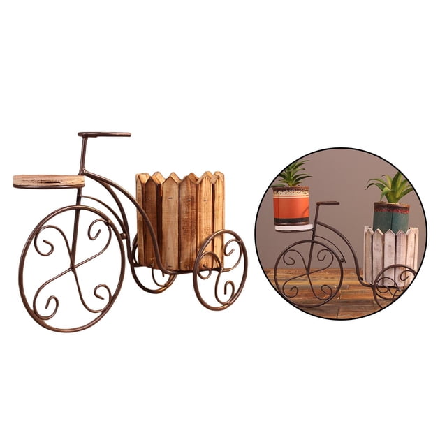 Maceta de escritorio de estilo parisino, maceta de hierro para bicicleta, estante para plantas, manualidades para bonsái color madera Cola bicicletas de escritorio
