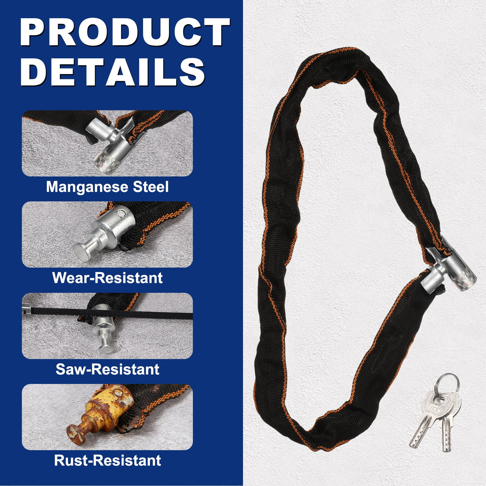 Uxcell Chain Lock, (3.9ft x 1", Silver) (1 Pcs), Thick Manganese Steel Anti-Theft Bike Chain Lock with 2 Keys, Suit for - Bikes/Trailers/Motorcycles/Garage Security
