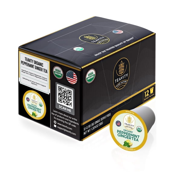 Organic Peppermint Ginger Tea Pods Compatible with Keurig Brewers by Teavity - 12 Tea Pods