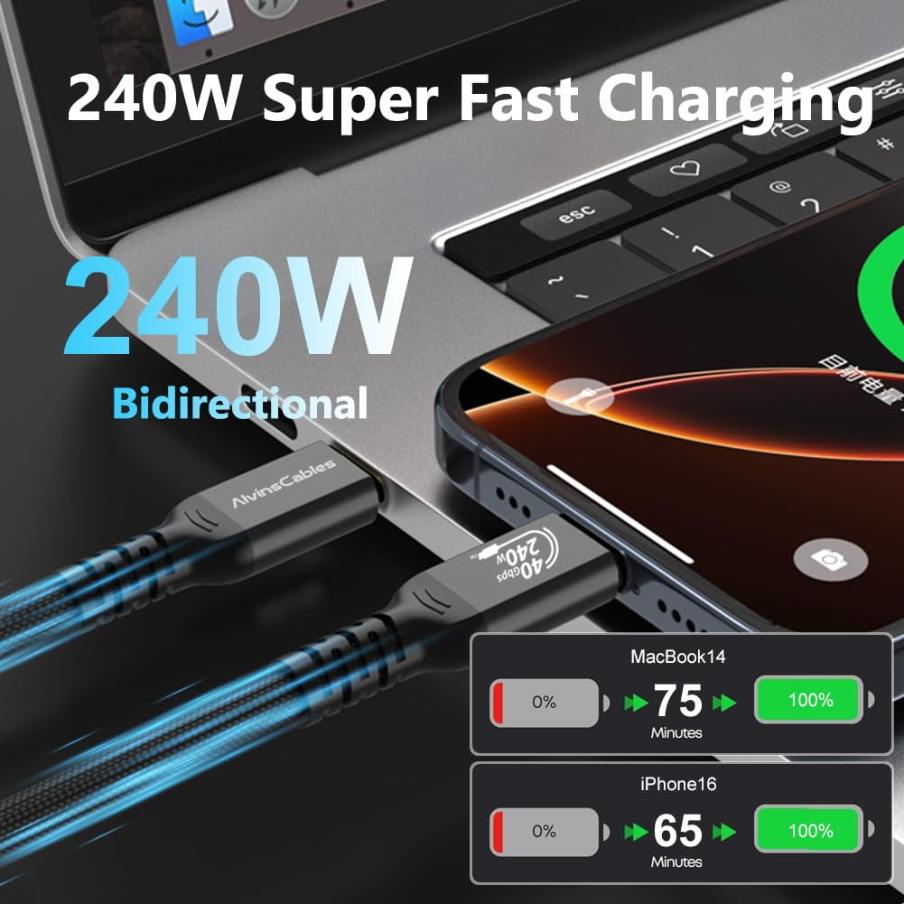 Alvin's Cables USB4 Cable 6.6ft, USB-C to USB-C Cable 40Gbps Data Transfer 240W PD Fast Charging 8K@60Hz Display, Compatible with Thunderbolt 4/3,USB 3.0, for MacBook,eGPU,Dock, USB-IF Certified