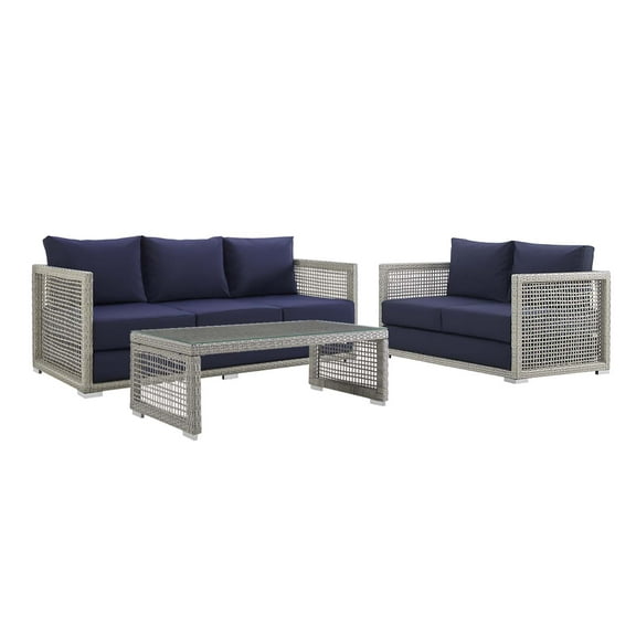 Modway Aura 3 Piece Outdoor Patio Wicker Rattan Set in Gray Navy by Modway