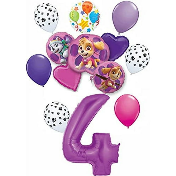 Paw Patrol Party Supplies Skye and Everest Pups 4th Birthday Balloon Bouquet Decorations Purple Number 4