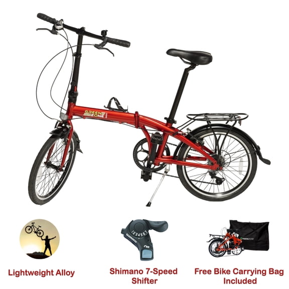 Green Zone 20" Folding Bike for Adults, Lightweight Alloy Frame, 7-Speed Shimano Shifter, Red, Carrying Bag Included, Foldable Commuter Bicycle