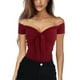 thumbnail image 2 of Blusa de verano para mujer con hombros descubiertos y manga corta, color puro, con lazo en la parte delantera, ajustada, 2 of 5