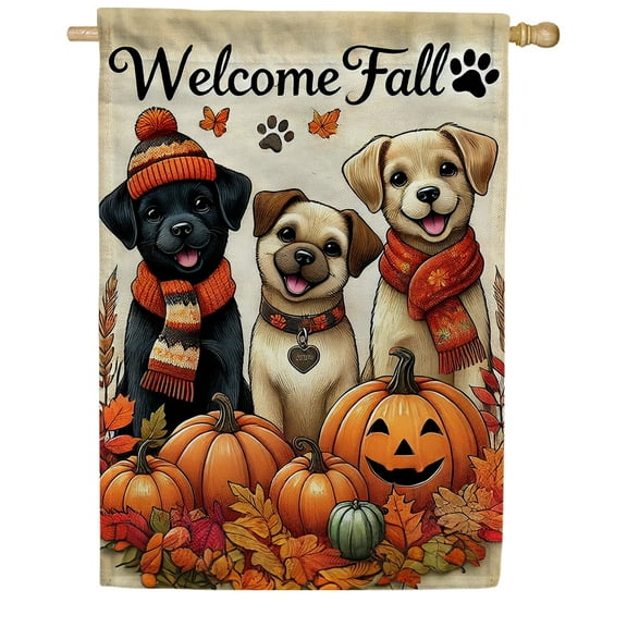 America Forever Welcome Fall Dogs House Flag, 28 x 40 inch Double Sided, Autumn Puppies House Flags, Canine Friends with Pumpkins Seasonal Outdoor Decorative for Lawn and House DÃ©cor