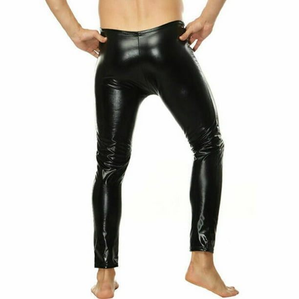 Men Sexy Slim Wetlook Pu Leather Pants Pouch Zip Trousers Tight