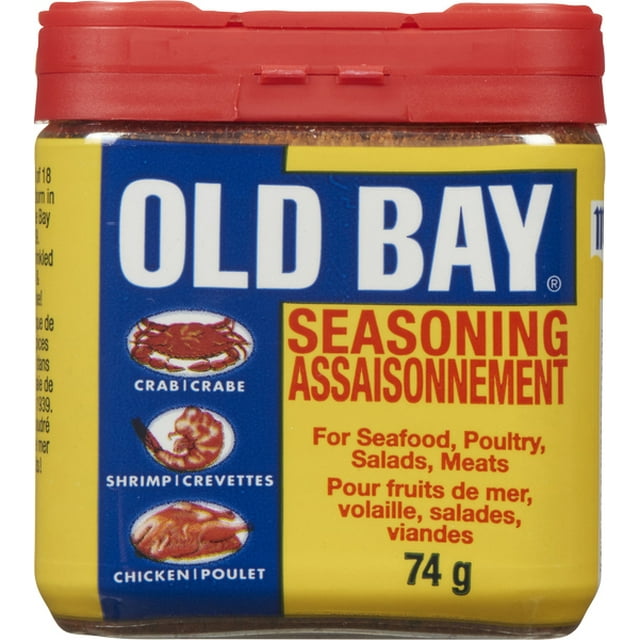 Old Bay Seasoning for Seafood Poultry Salads Meats in a 74 g plastic can with a red flip-top lid, featuring a blue and yellow label with crab, shrimp, and chicken icons, suitable for enhancing flavour in seafood, poultry, salads, and meats.