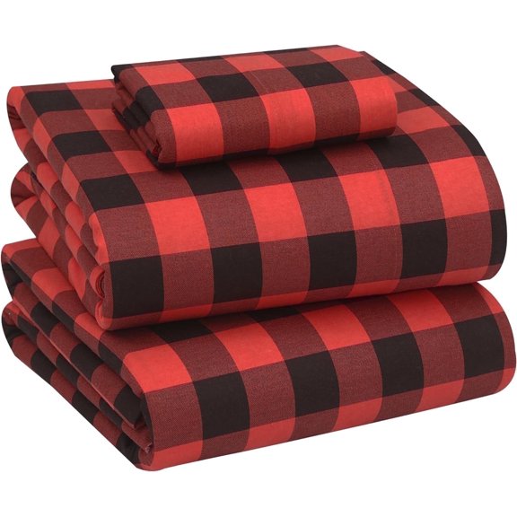 RUVANTI Flannel Sheets Twin XL Size - 100% Cotton Double Brushed Twin XL Sheets Set, Deep Pockets 16 Inches, All Seasons Breathable & Extra Soft Bed Sheets, Warm & Cozy, 3 Piece, Red & Black Plaid
