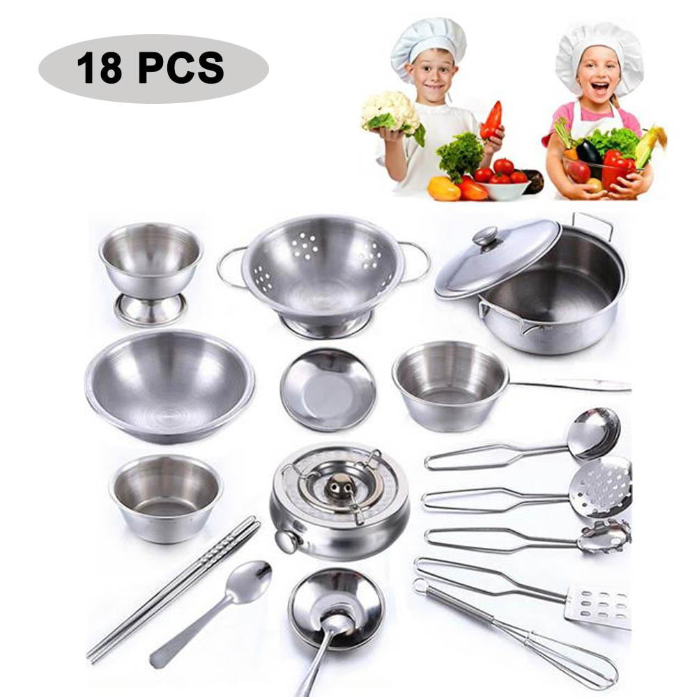 18pcs Real Cooking Stainless Steel Cookware Bowl Spoon Set Kid Role Play Toy 