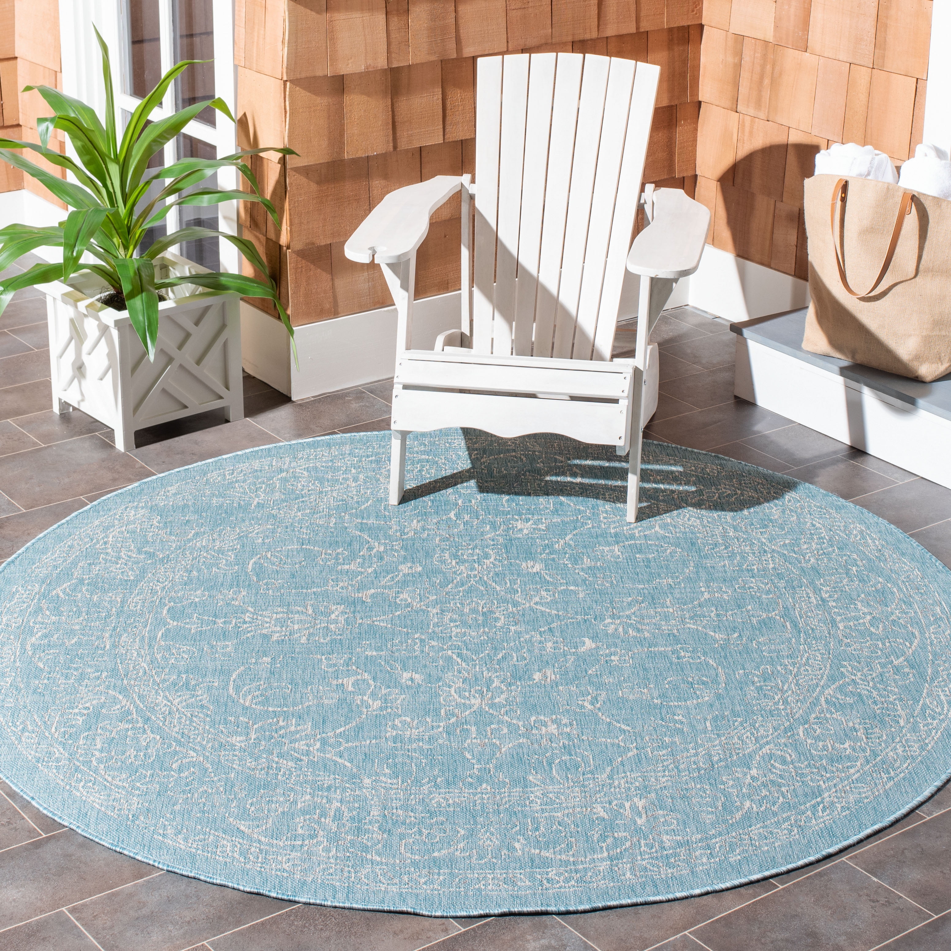 SAFAVIEH Courtyard Darin Traditional Indoor/Outdoor Area Rug, 6'7" x 6'7" Round, Aqua/Grey