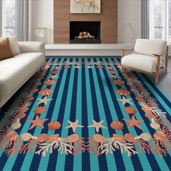 ODIKA 8'x10' Washable Area Rug Non-Shedding, Easy Care, Reef Starfish Seashell Border Nautical Motifs Marine Striped Coral Playful for King Size Bedroom Under Bed, Master Suite