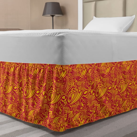Oriental Bed Skirt, Swirly Paisley Leaves Flower Curly Branches Bohemian Arabesque Blooms Motif, Elastic Bedskirt Dust Ruffle Wrap Around for Bedding Decor, 4 Sizes, Magenta Orange, by Ambesonne