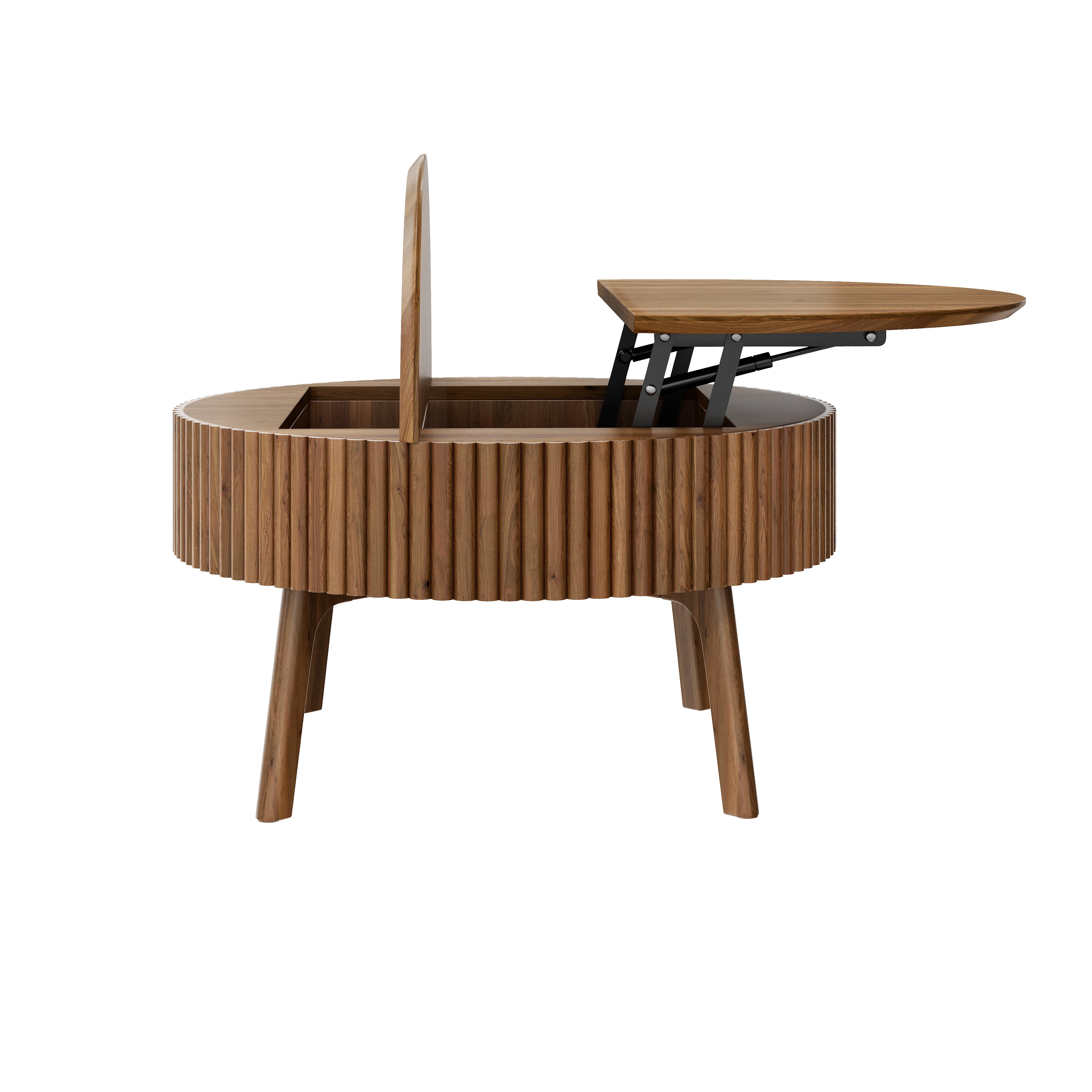 30.3-Inch Round Lift-Top Coffee Table with Half Flip-Top and Hidden Storage, Mid-Century Fluted Wood Center Table and Side Table for Living Room, Walnut