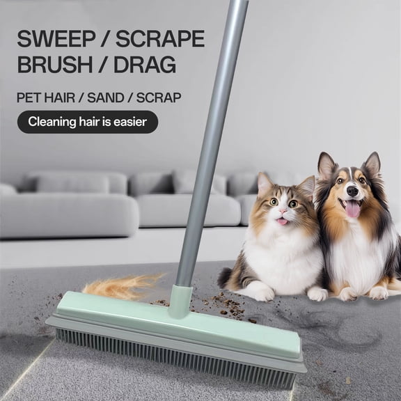Pet Hair Removal Long Handle Carpet Rake Rubber Broom with Hair Removal Gloves,50'' Long Handle Dog and Cat Hair Remover Tool