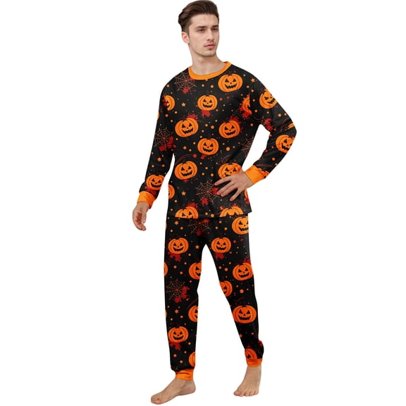 Halloween Pajamas Set for Family Witch Hat Pumpkin Crew Neck Horror Pjs Castle Skull Long Sleeve Spooky Pajamas, Men:XL