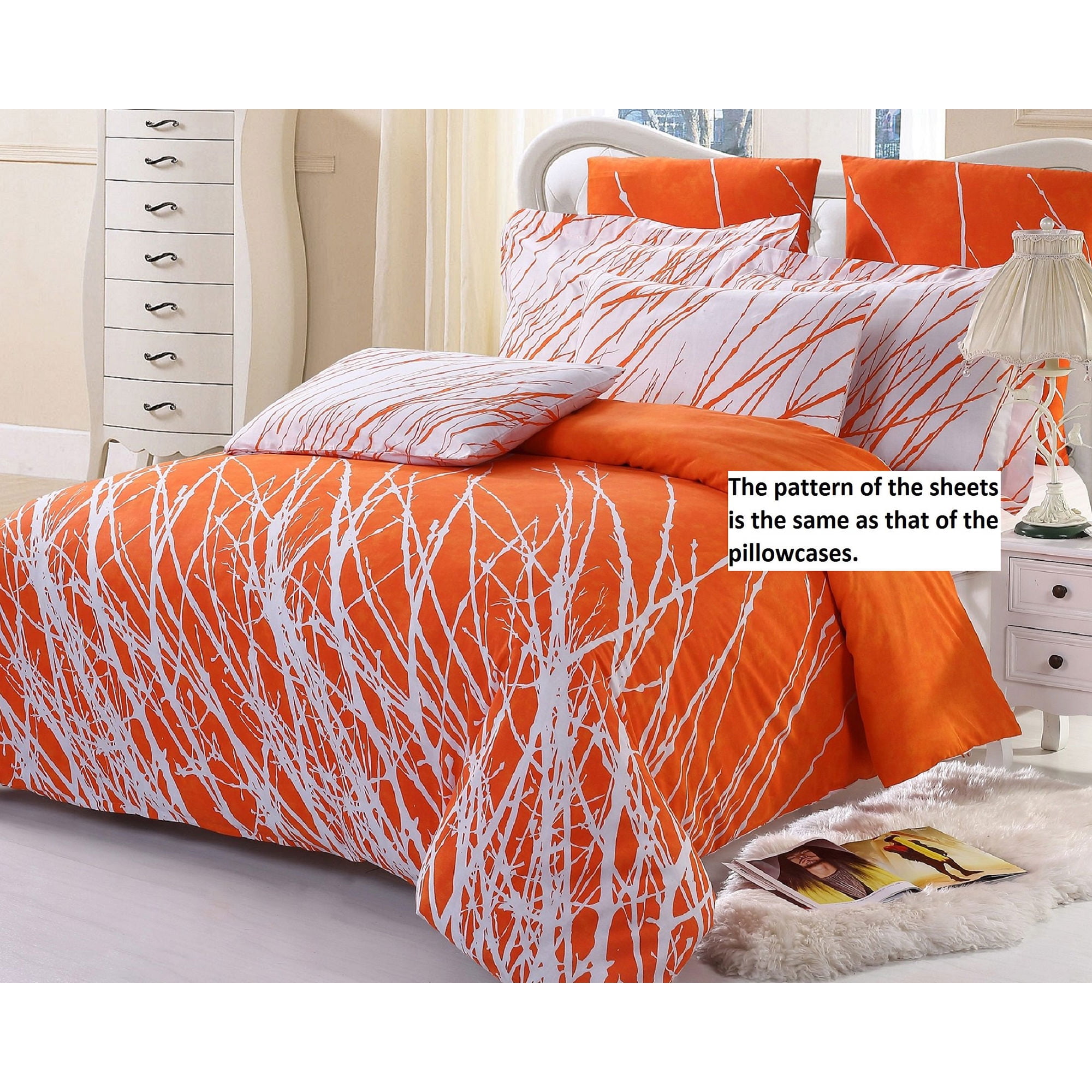 Swanson Beddings Tree Branches 100% Cotton Sheet Set : Fitted Sheet Flat Sheet and Two Matching Pillowcases (White-Orange King)