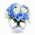 thumbnail image 2 of Enova Home Artificial Mixed Open Roses Silk Flowers Arrangement in Clear Glass Vase with Faux Water (Cream Blue), 2 of 4