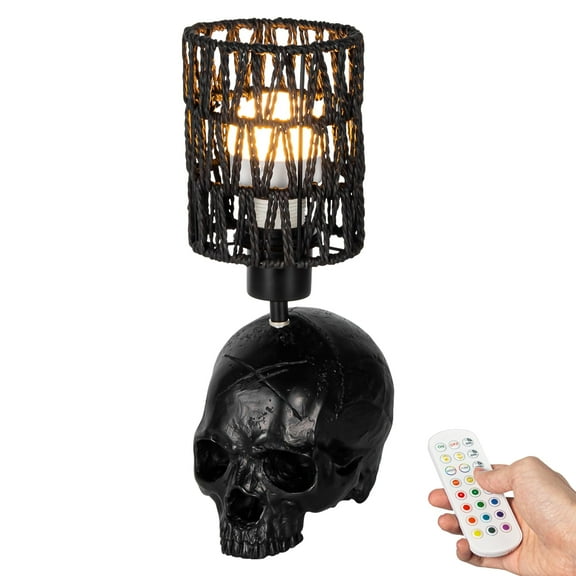 Kiven Cordless Table Lamp, Dimmable Industrial Skull Desk Table Lamp with Black Twine Lampshade, 1-Light Rechargeable Nightstand Lamp for Office Reading Home Decor Bedside