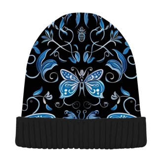 New Custom Designed Black Cashmere Blend Pom Beanie w/ Blue and Black Butterfly cashmere-blend-beanie-with-pom  main image 4