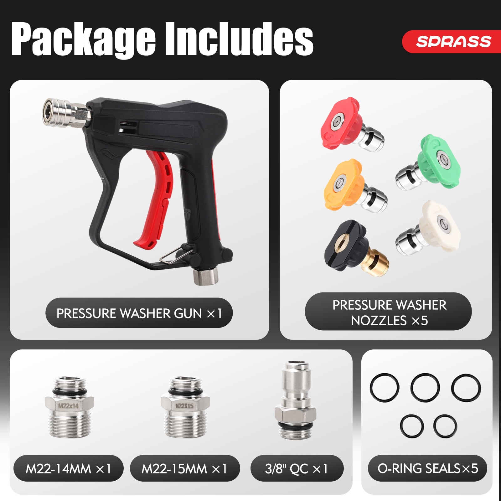 Short Pressure Washer Gun, 4350 PSI Power Washer Trigger Gun with 1/4" Quick Connect, 3/8" Male Plug, M22-14mm & 15mm Fittings, Compatible with Foam Cannon
