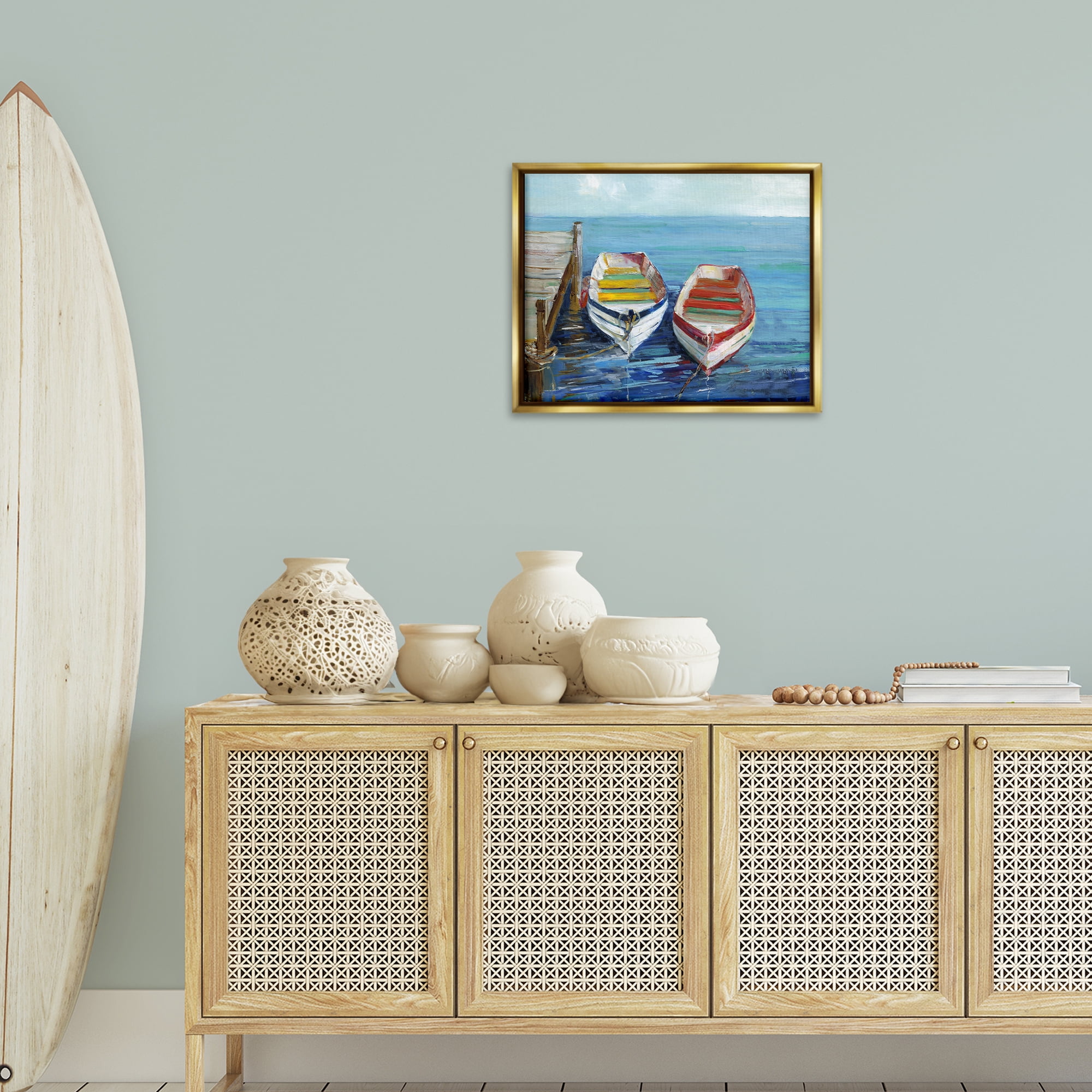 Stupell Industries Twin Boats by Dock Nautical & Beach Painting Gold Floater Framed Canvas Art Print Wall Art, 21 x 17
