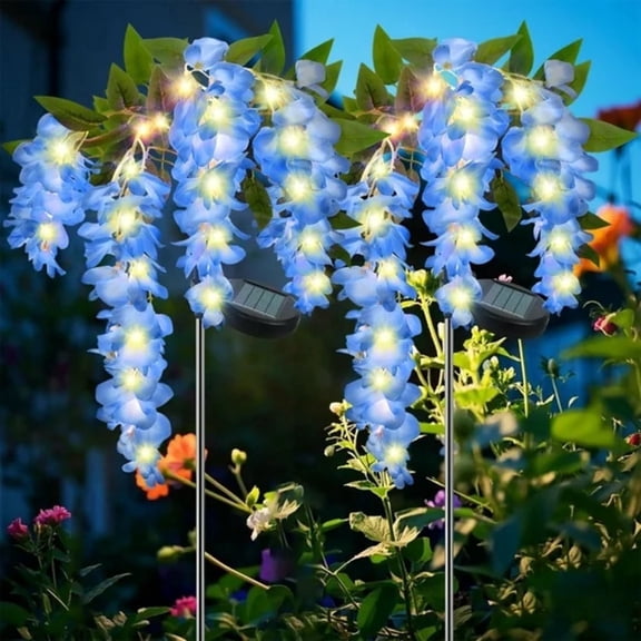 GLUAAE 2 Pack Solar-Powered Wisteria Flower Lights - Waterproof Outdoor Solar Lights for Garden, Patio & Yard Decor with Warm White LED-Blue Flower