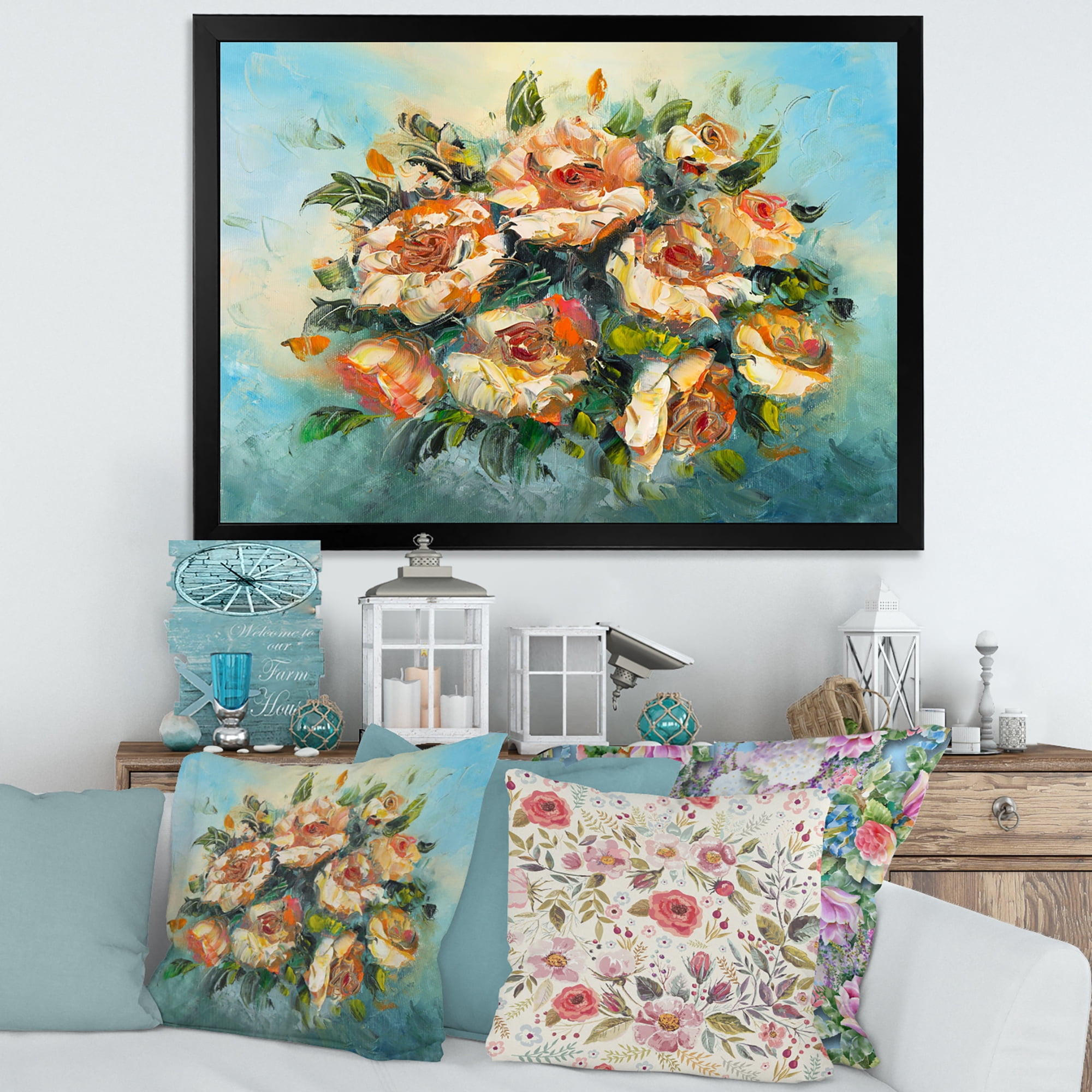 Designart 'Ancient Flowers Bouquet Of Dark Pink Flowers' Traditional Framed Art Print