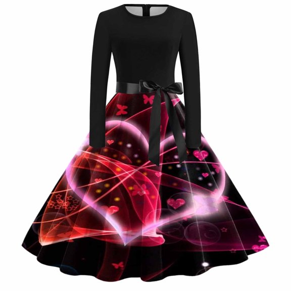 Long Dresses for Women Casual Casual Round Neck Valentine Printed Dress for Everyday Wear Comfortable Outfits Casual Fall Dresses for Women Black L